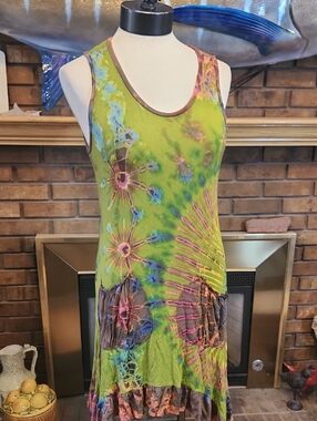 Kathmandu Imports Tie-Dye Sunburst Tank Dress in Lime & Purple Has Stretch Soft